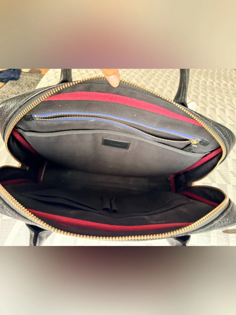 Paul Smith Black Pebbled Leather Briefcase with Navy and Burgundy Stripes